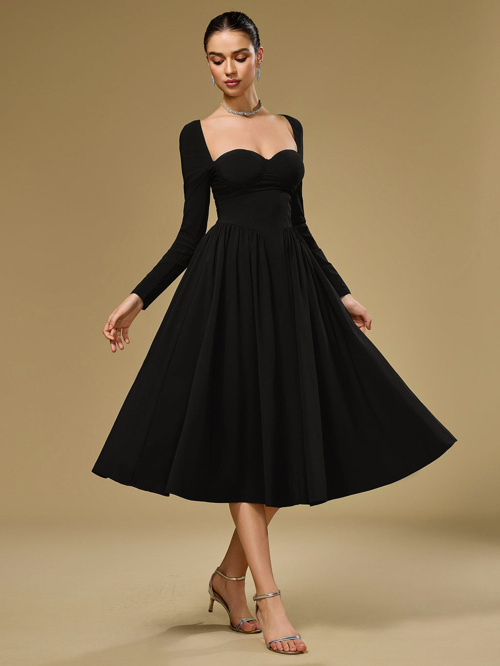 ANNA - Vestido midi de manga larga y corte en A