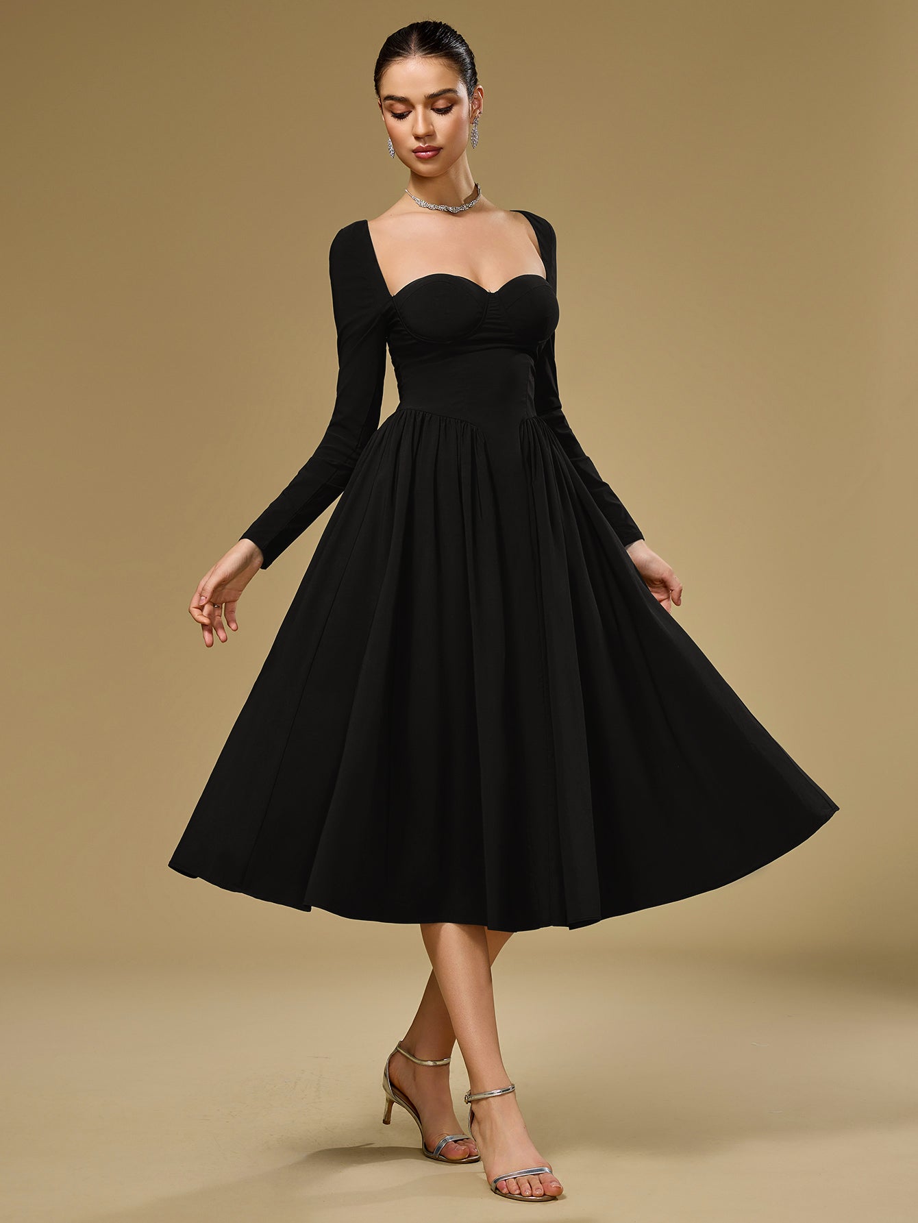 ANNA - Vestido midi de manga larga y corte en A