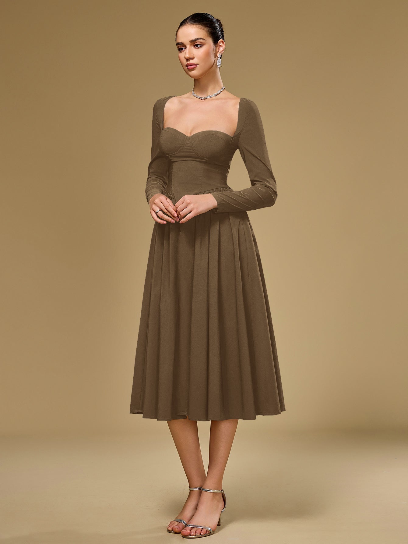 ANNA - Vestido midi de manga larga y corte en A