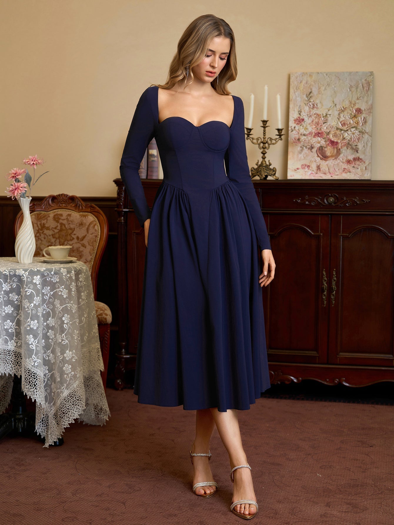 ANNA - Vestido midi de manga larga y corte en A