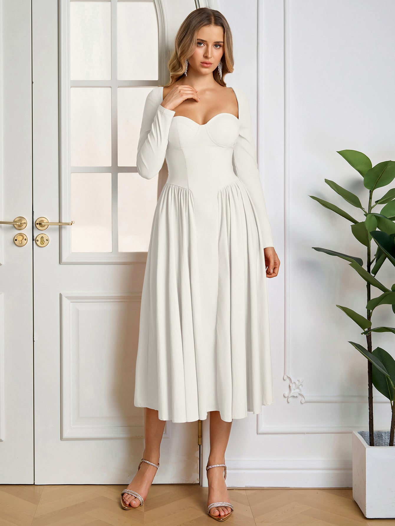 ANNA - Vestido midi de manga larga y corte en A