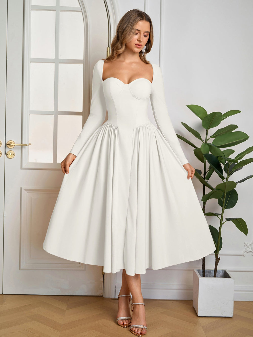 ANNA - Vestido midi de manga larga y corte en A