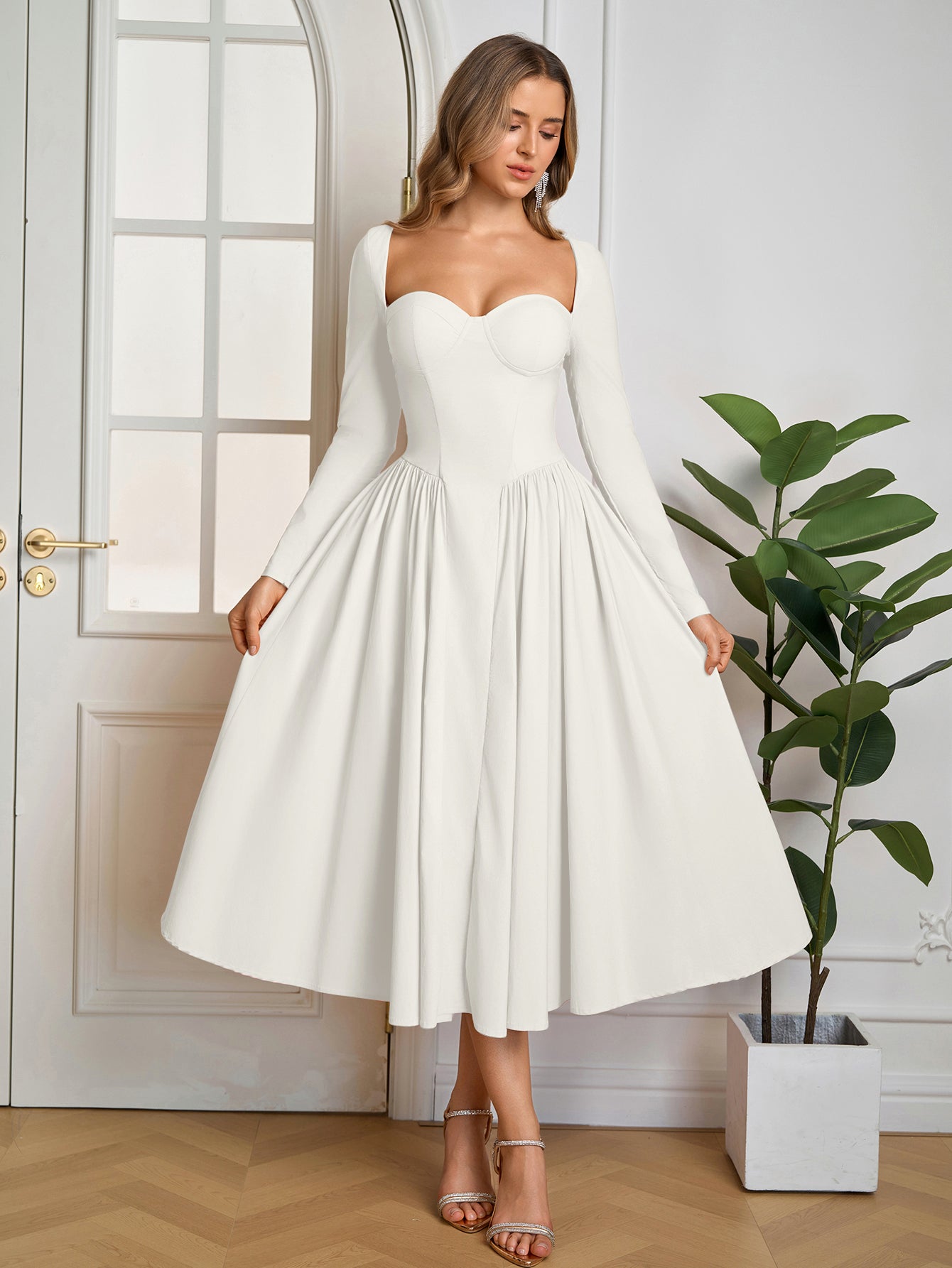ANNA - Vestido midi de manga larga y corte en A