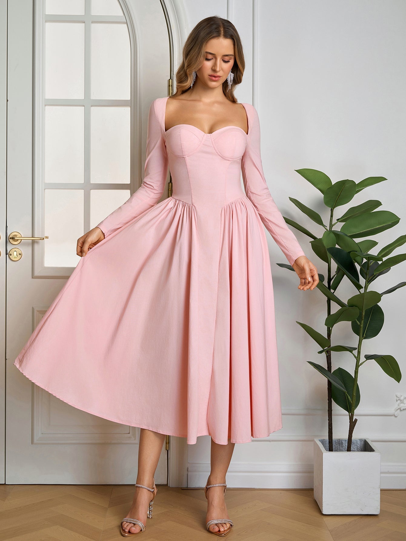 ANNA - Vestido midi de manga larga y corte en A