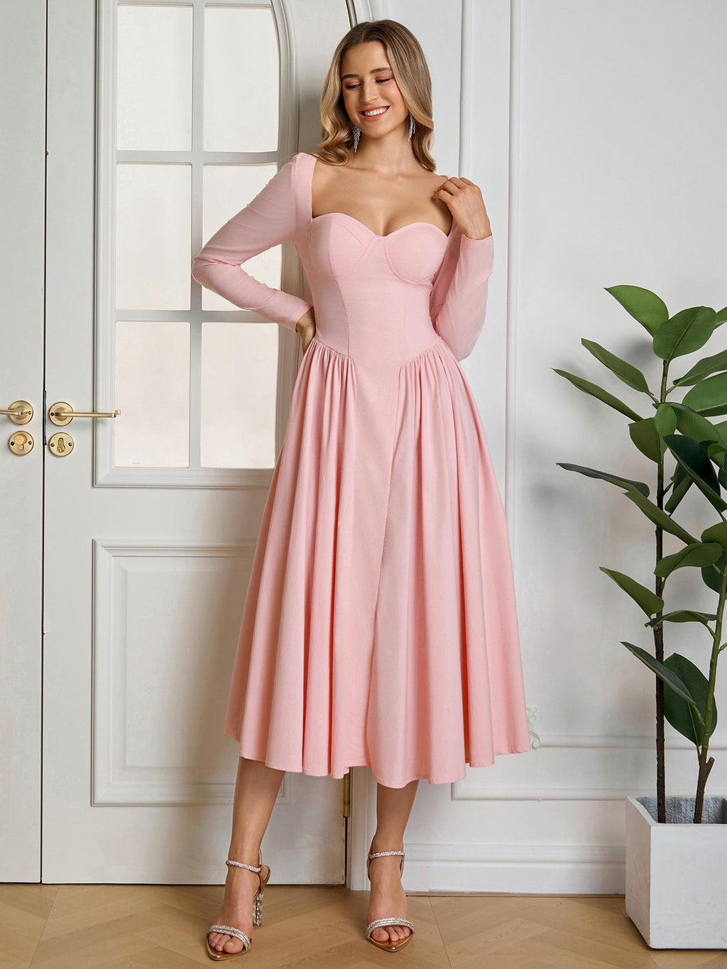 ANNA - Vestido midi de manga larga y corte en A