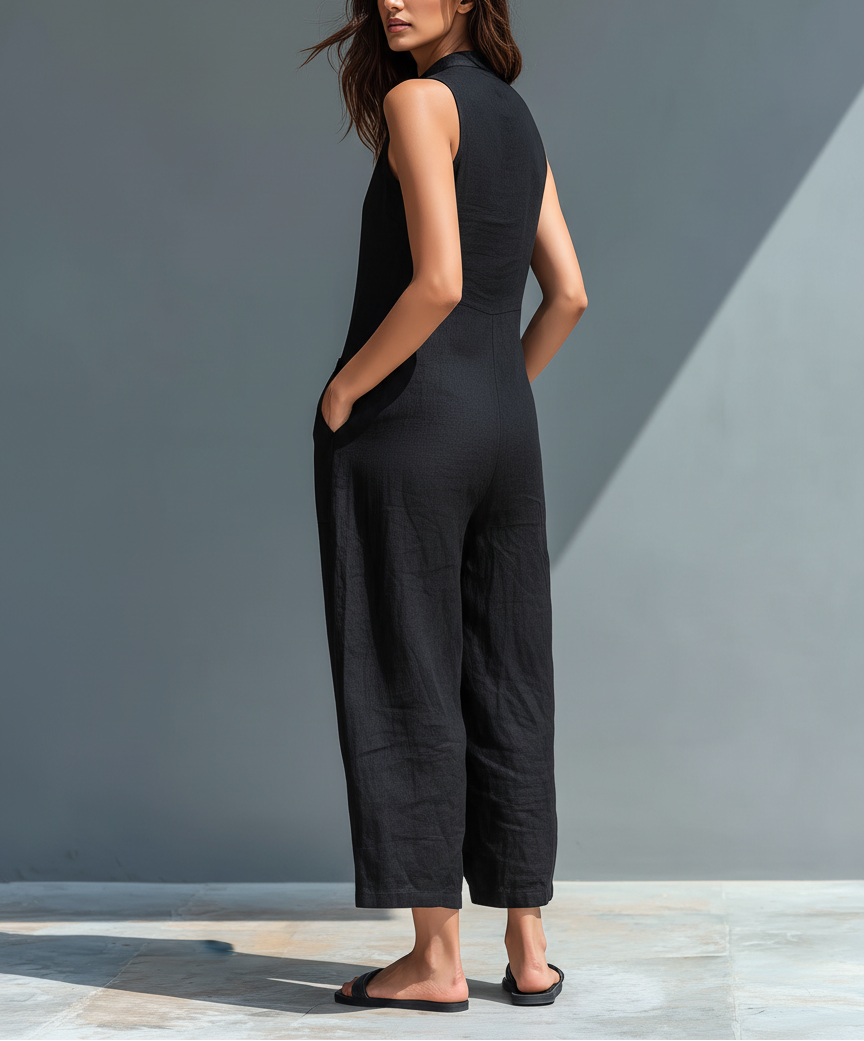Larson - Mono minimalista sin mangas de mezcla de lino para mujer con cuello alto y botones
