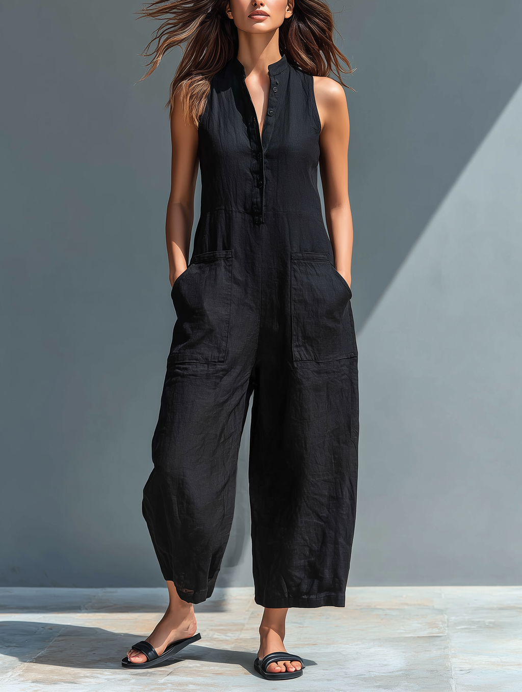 Larson - Mono minimalista sin mangas de mezcla de lino para mujer con cuello alto y botones