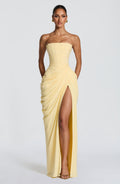 HANNAH - Elegante vestido maxi con drapeado y abertura alta