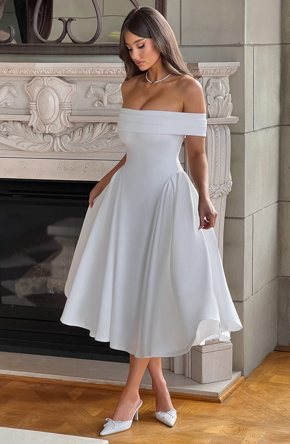 ELENA - Elegante vestido midi con hombros al descubierto