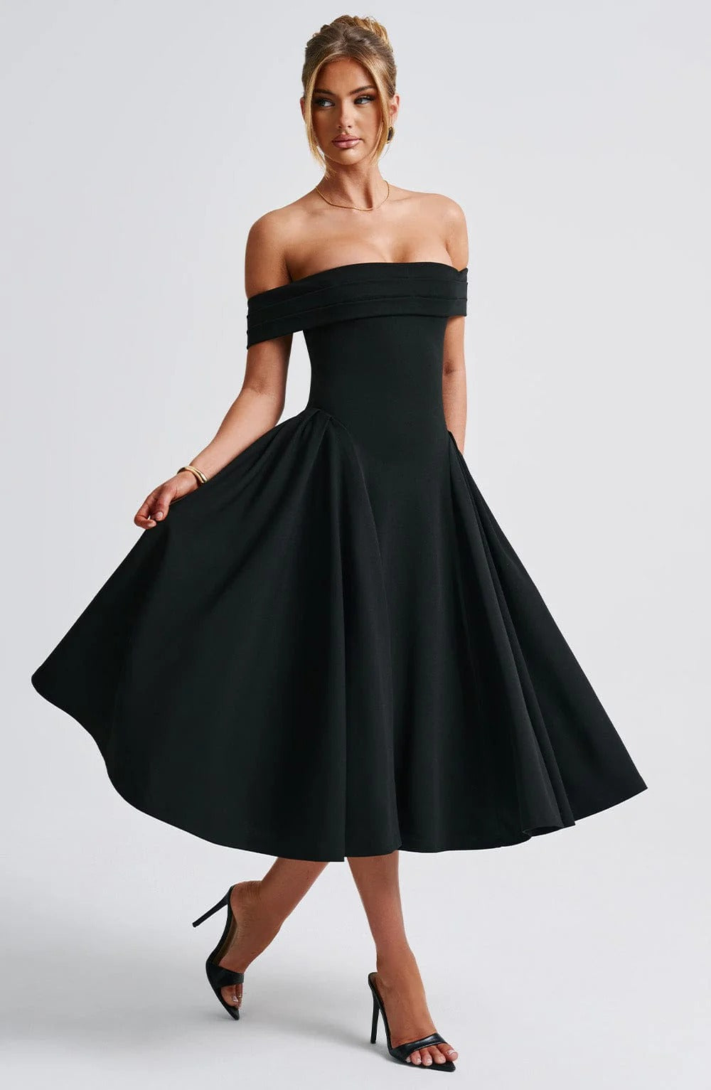 ELENA - Elegante vestido midi con hombros al descubierto