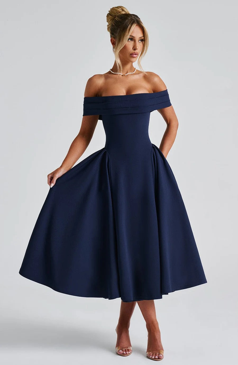 ELENA - Elegante vestido midi con hombros al descubierto