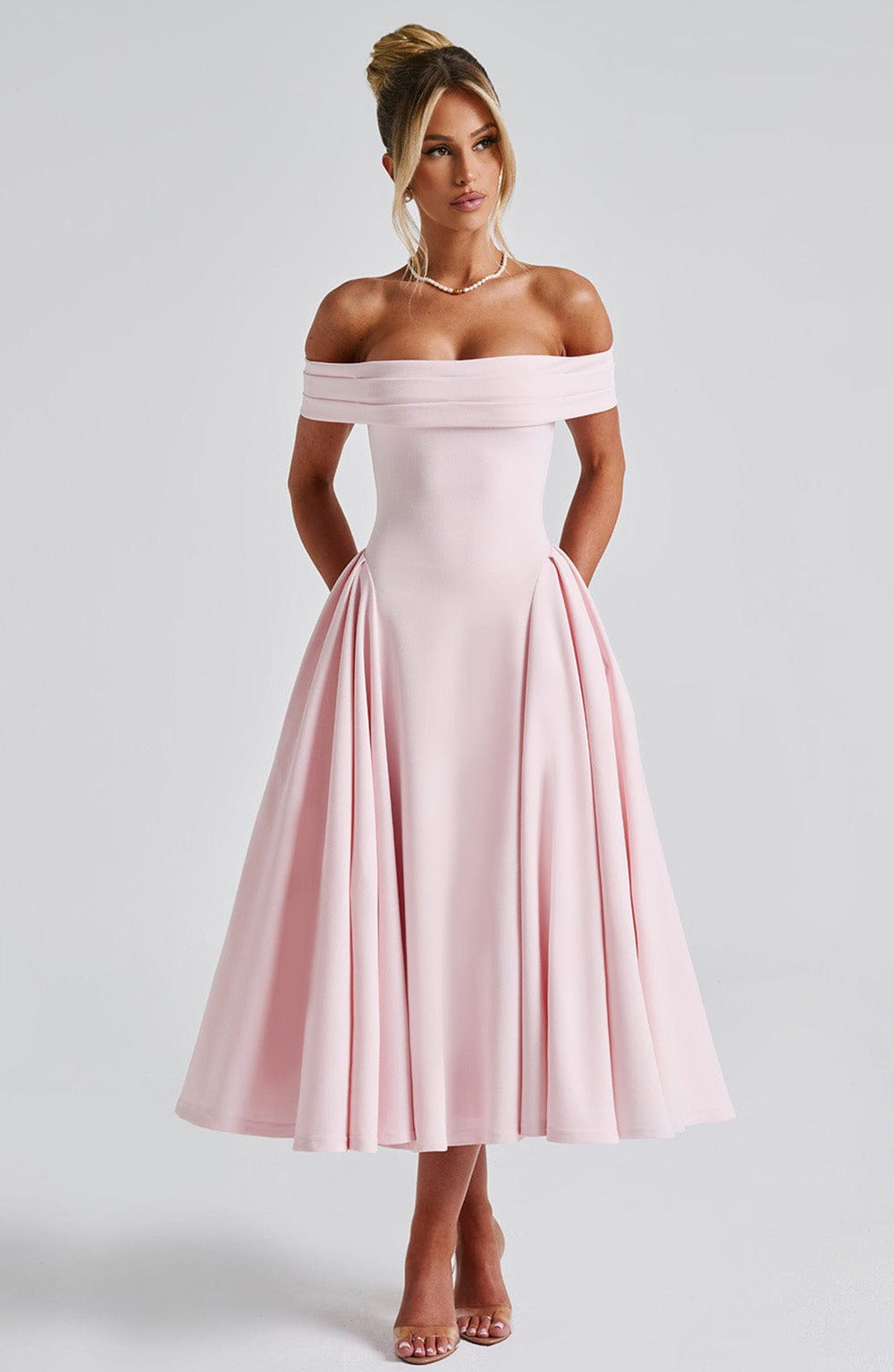 ELENA - Elegante vestido midi con hombros al descubierto