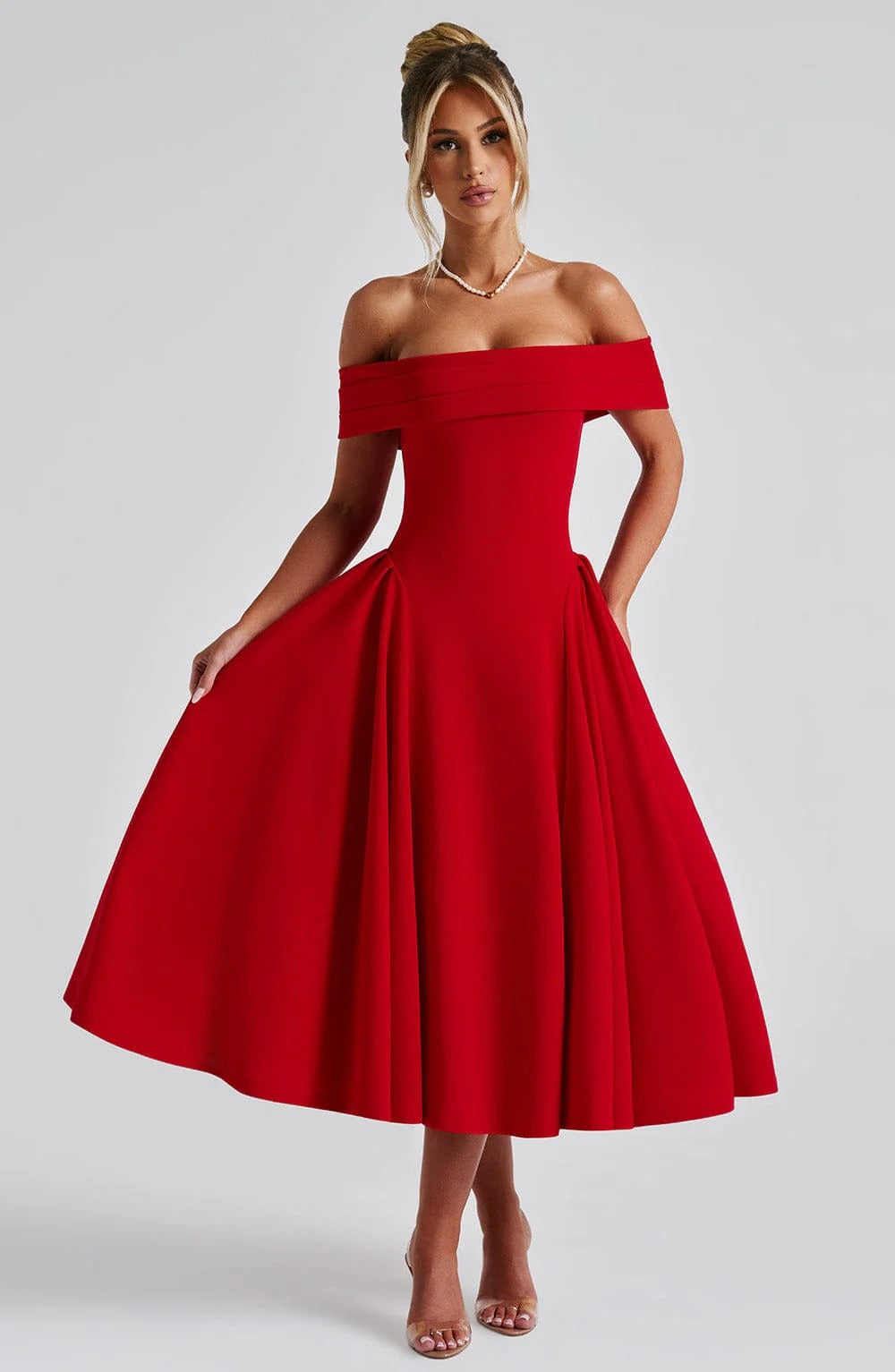 ELENA - Elegante vestido midi con hombros al descubierto