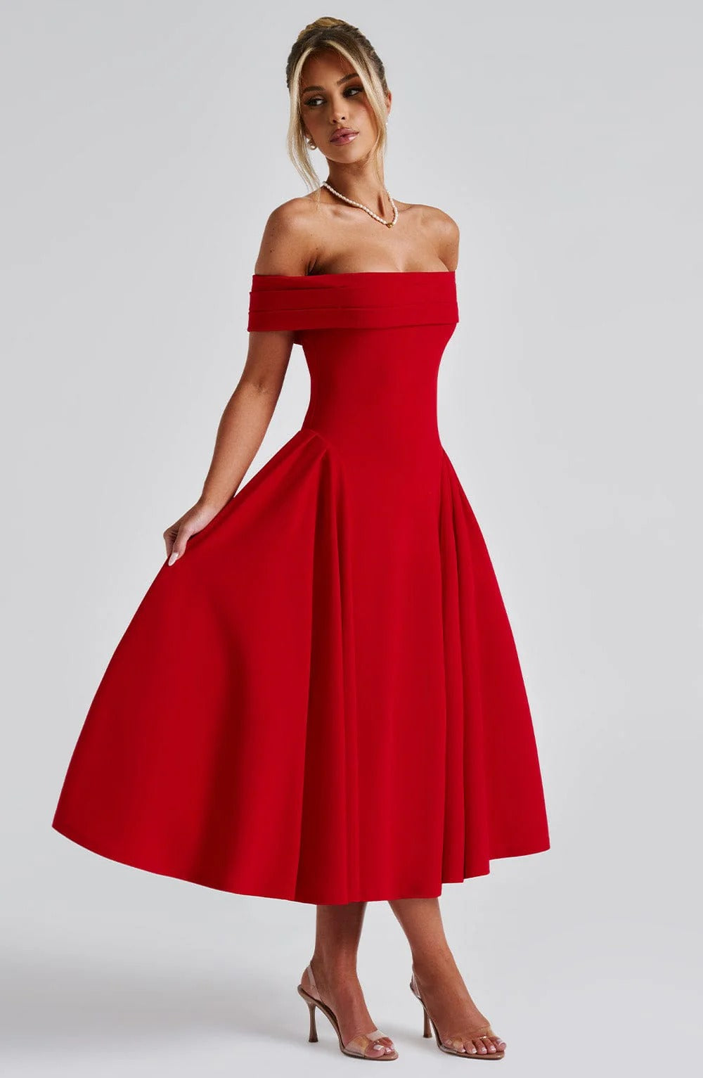 ELENA - Elegante vestido midi con hombros al descubierto