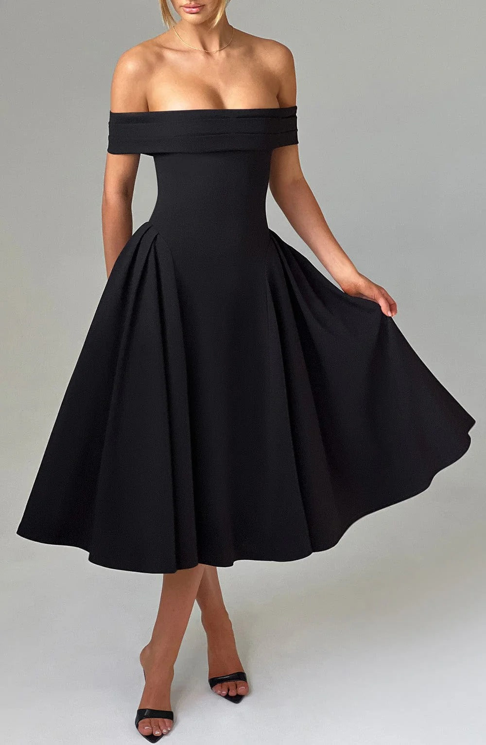 ELENA - Elegante vestido midi con hombros al descubierto