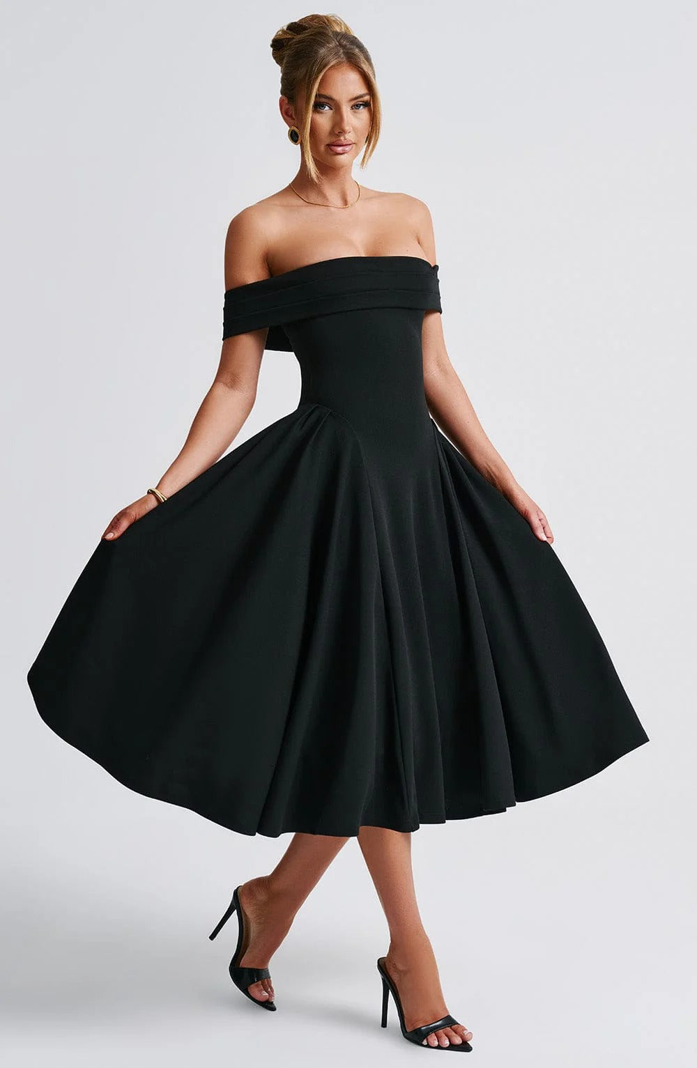ELENA - Elegante vestido midi con hombros al descubierto