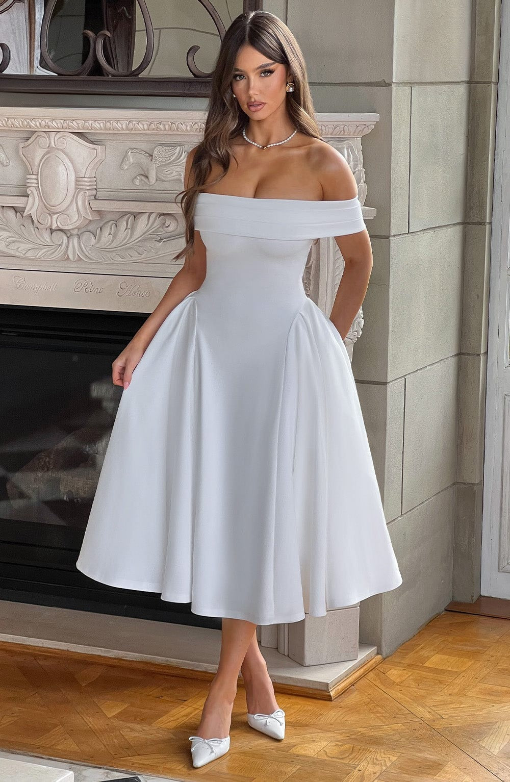ELENA - Elegante vestido midi con hombros al descubierto
