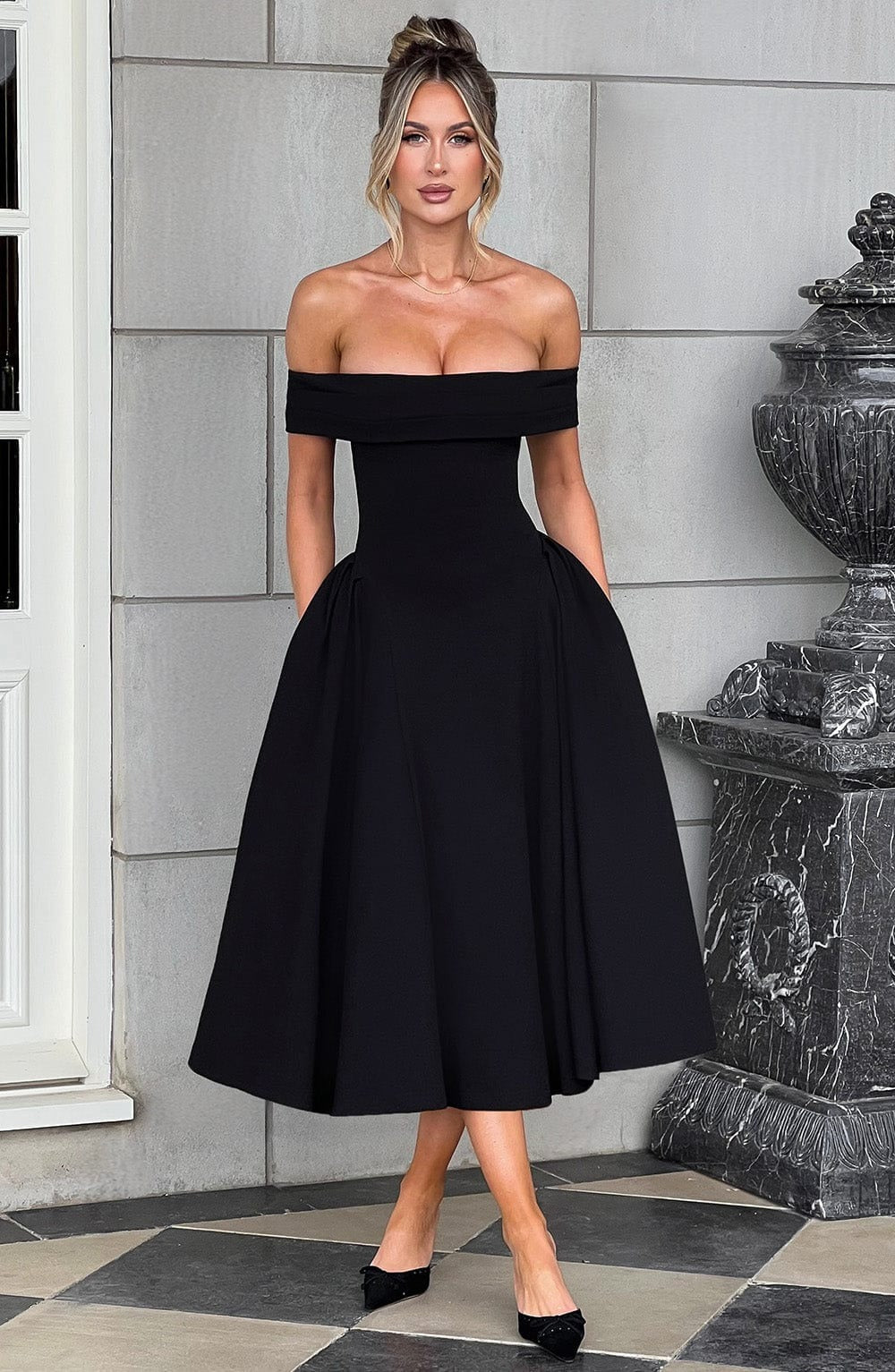 ELENA - Elegante vestido midi con hombros al descubierto