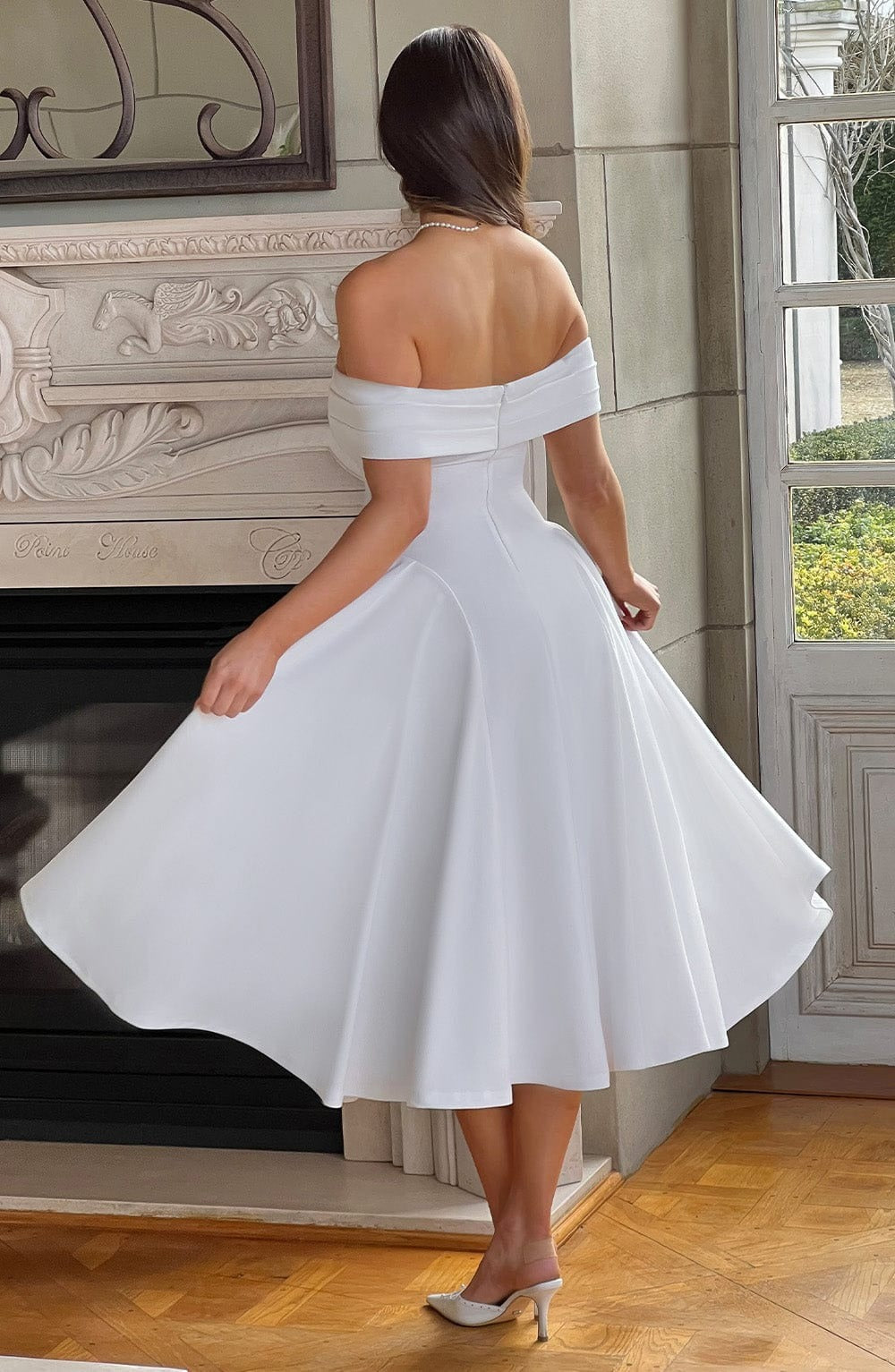 ELENA - Elegante vestido midi con hombros al descubierto