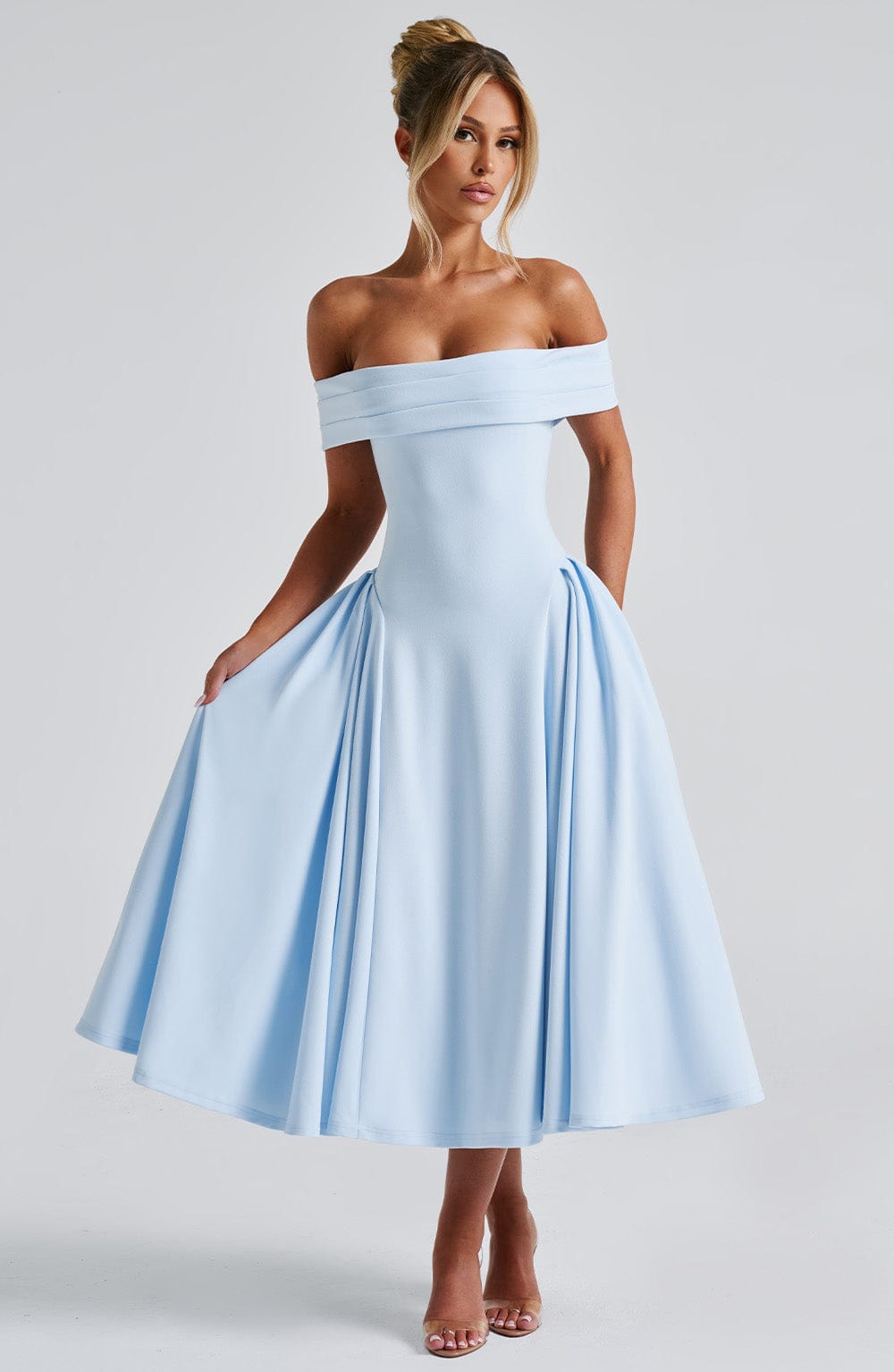 ELENA - Elegante vestido midi con hombros al descubierto