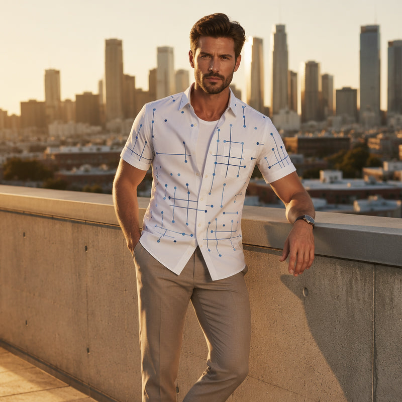 Camisa de hombre de corte relajado con estampado geométrico y botones