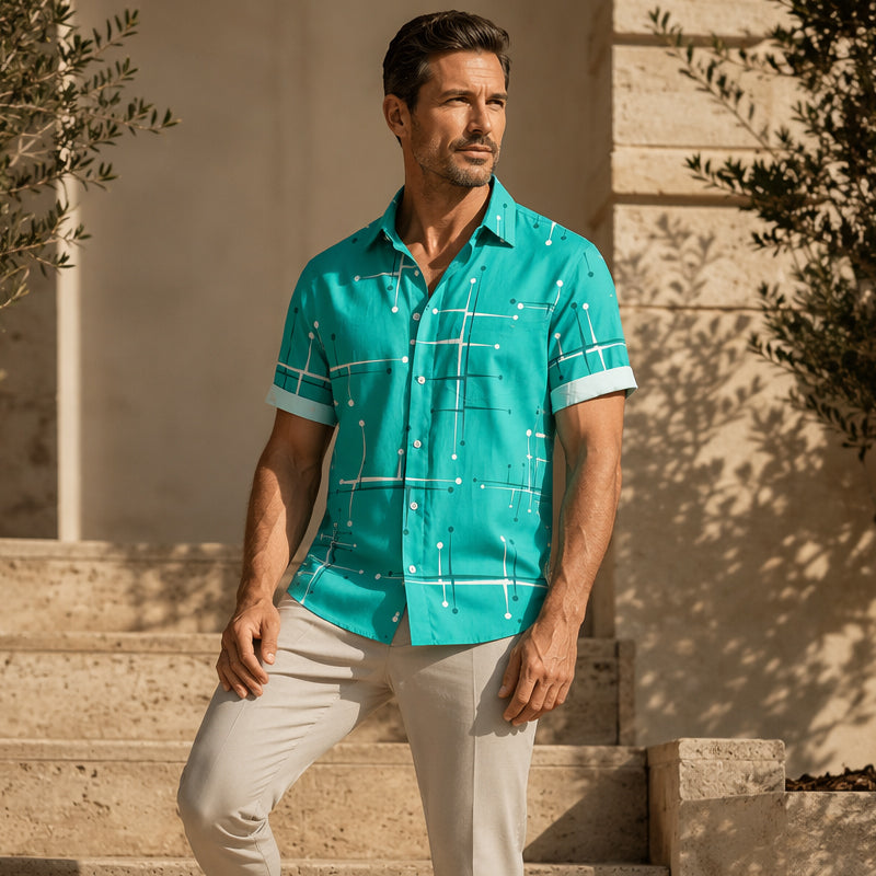 Camisa de hombre de corte relajado con estampado geométrico y botones