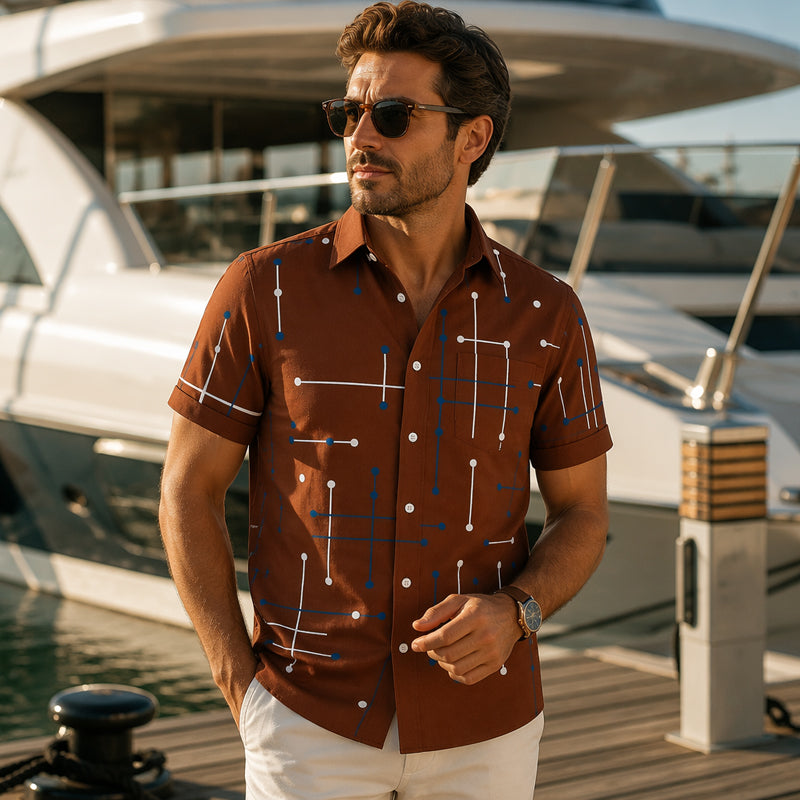 Camisa de hombre de corte relajado con estampado geométrico y botones